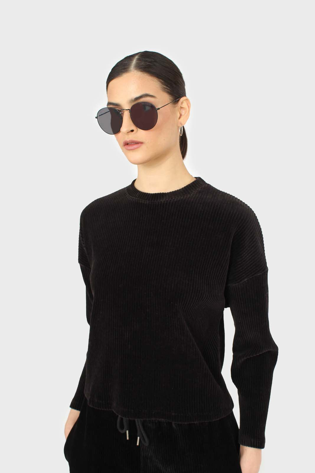 Black ribbed velvet long sleeved top