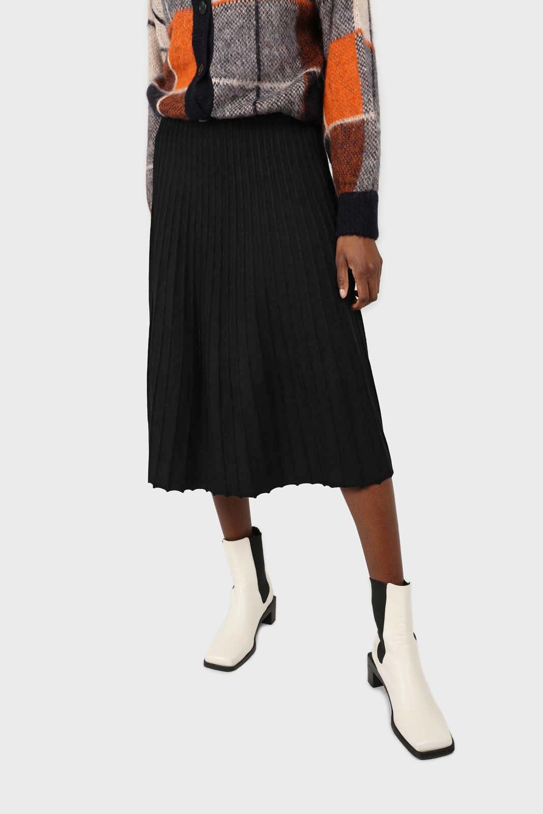 Black lined midi length flare knit skirt
