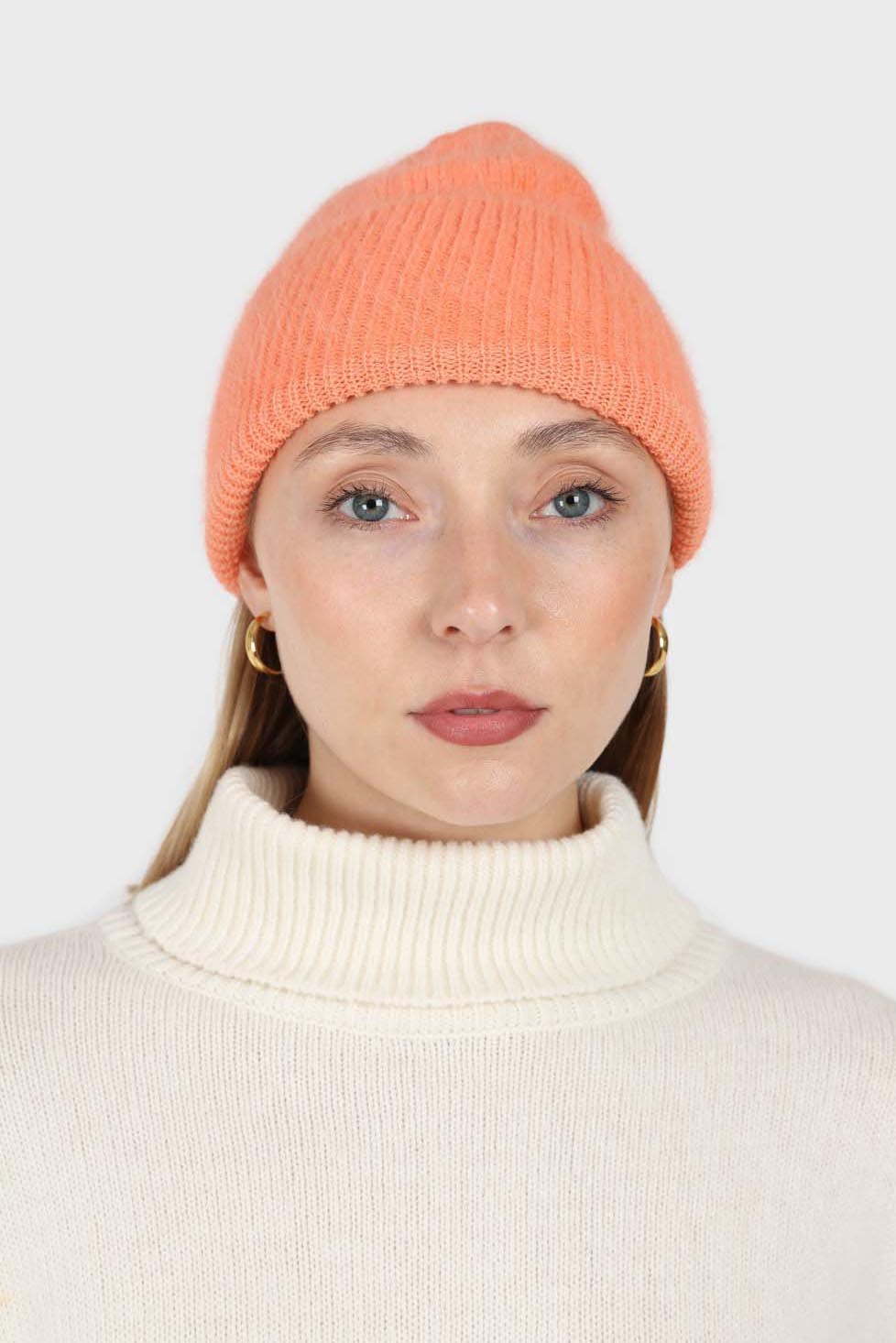 Pale orange mohair beanie hat
