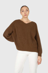 Brown furry angora ribbed V-neck jumper