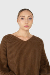 Brown furry angora ribbed V-neck jumper