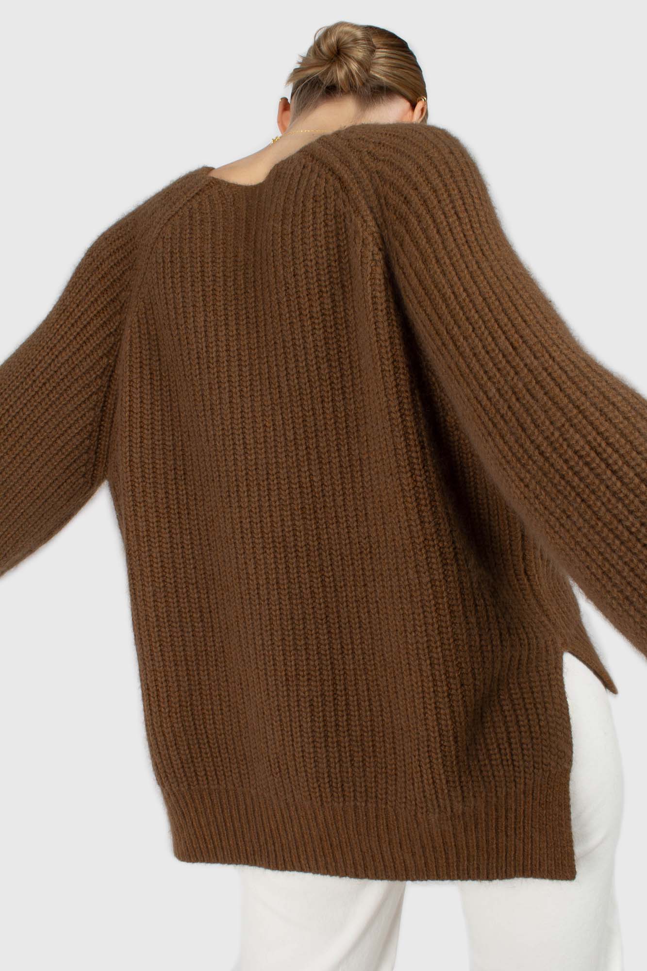 Brown furry angora ribbed V-neck jumper