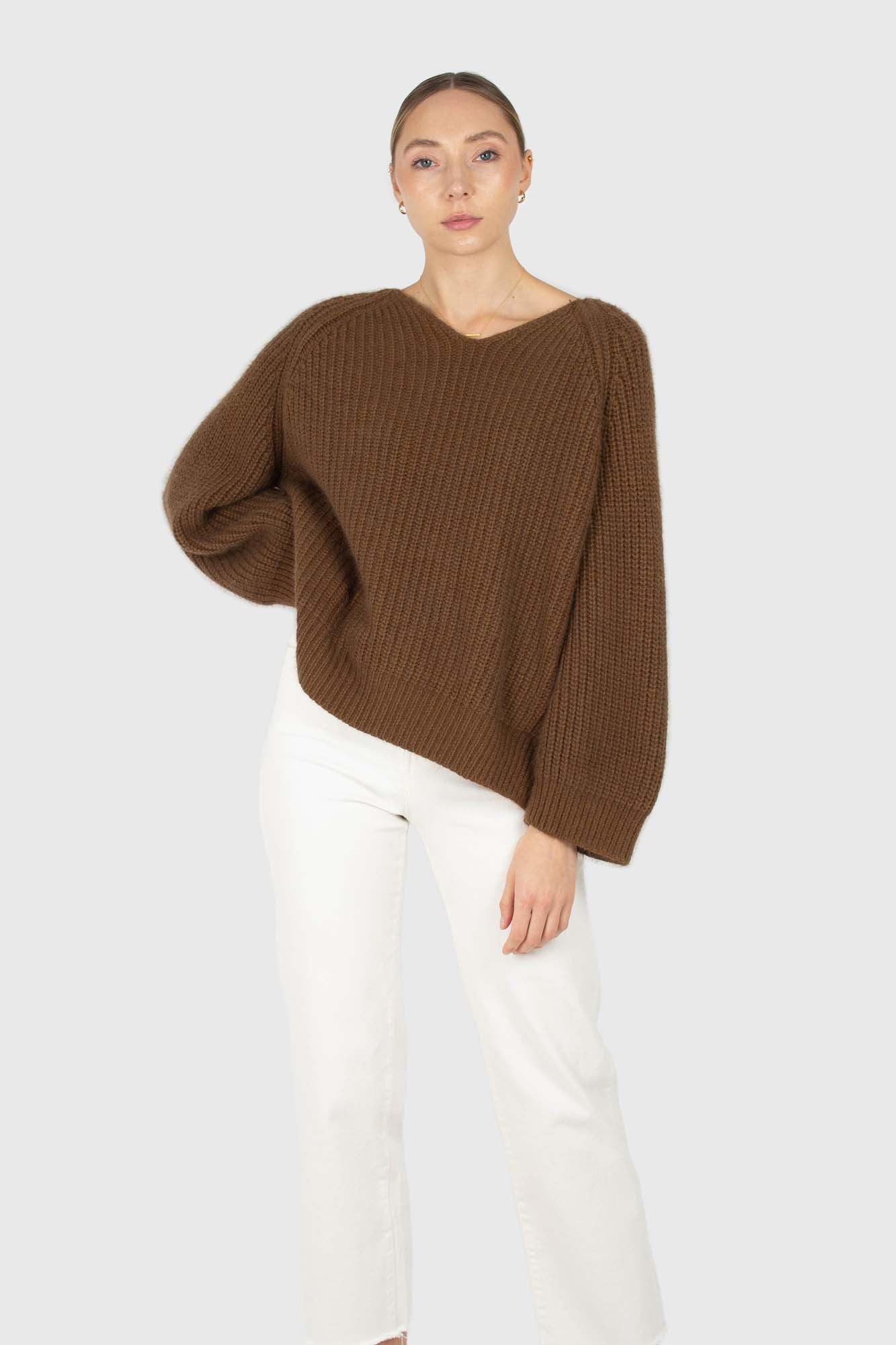 Brown furry angora ribbed V-neck jumper