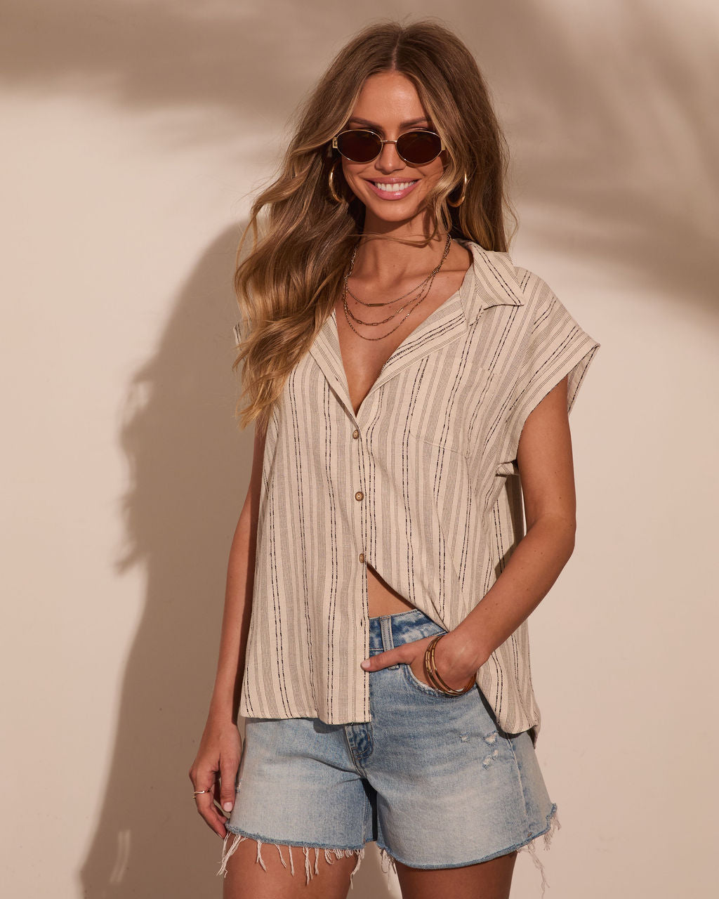 Sunday Story Striped Linen Blend Button Down Top