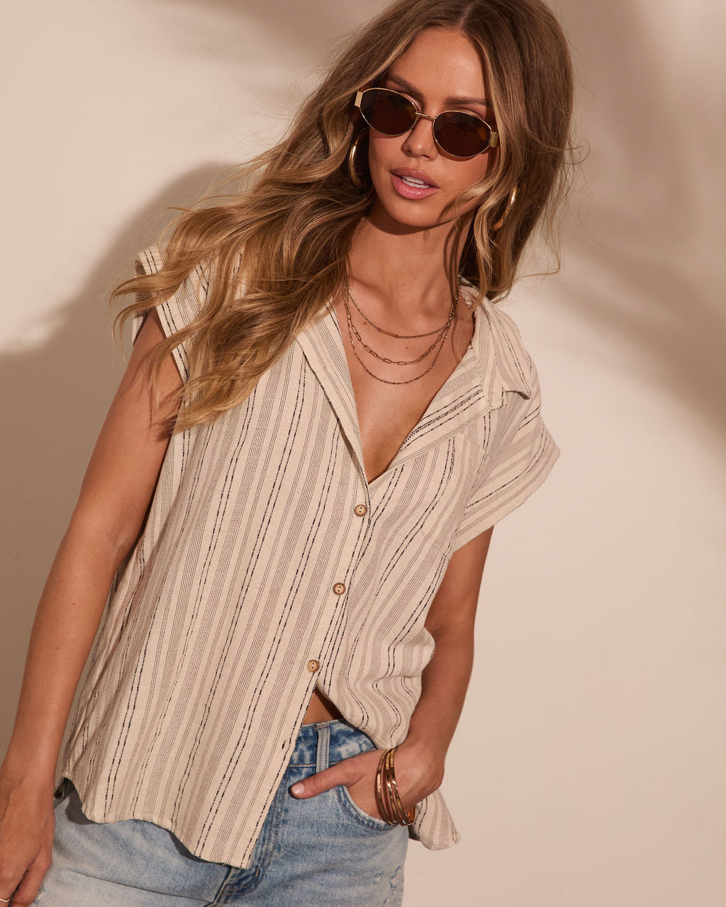 Sunday Story Striped Linen Blend Button Down Top