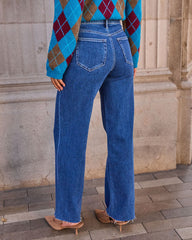 Dusky Charm Stretch High Rise Straight Leg Raw Hem Jeans