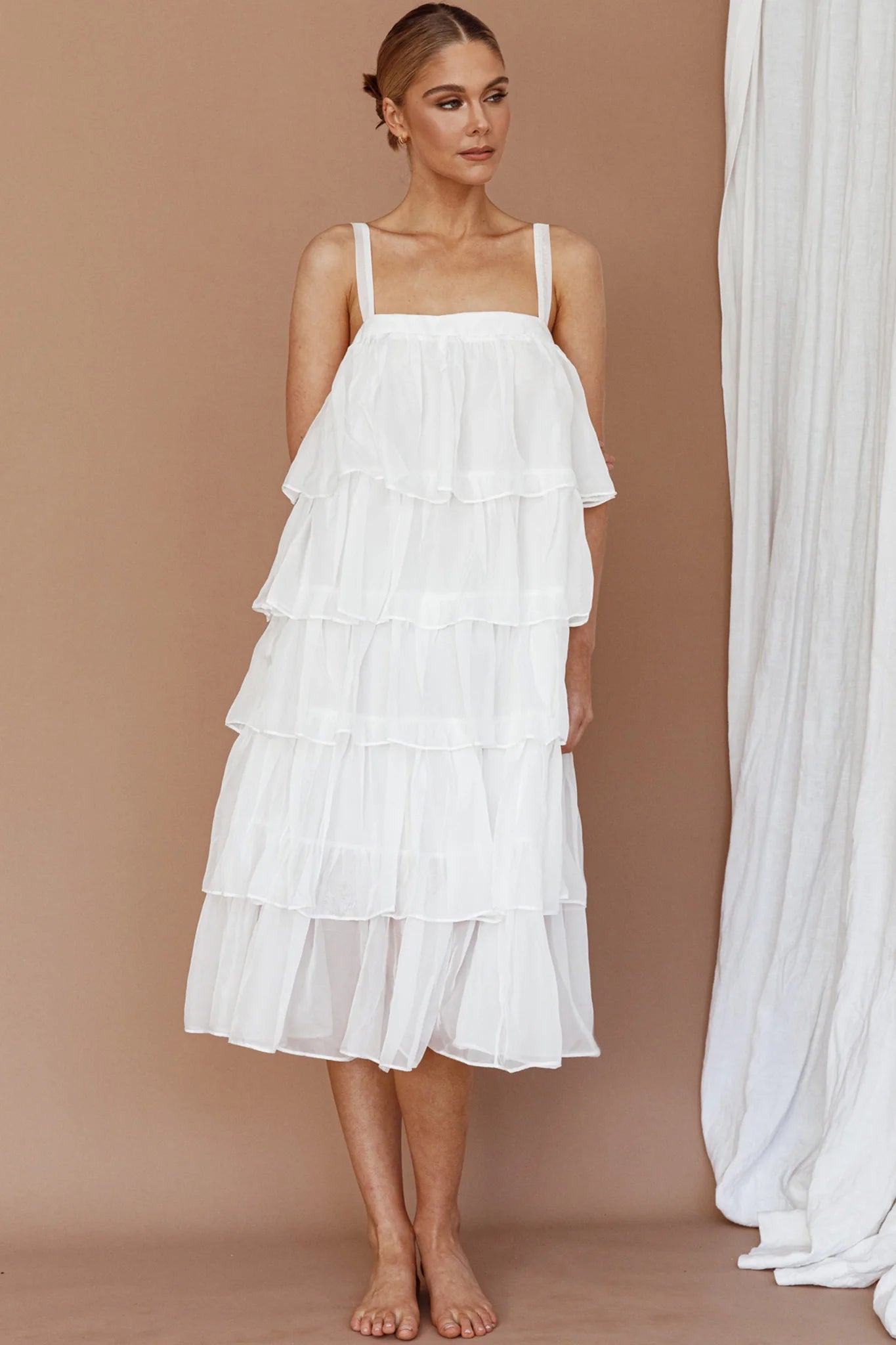 Merry Layered Frill Midi Dress White