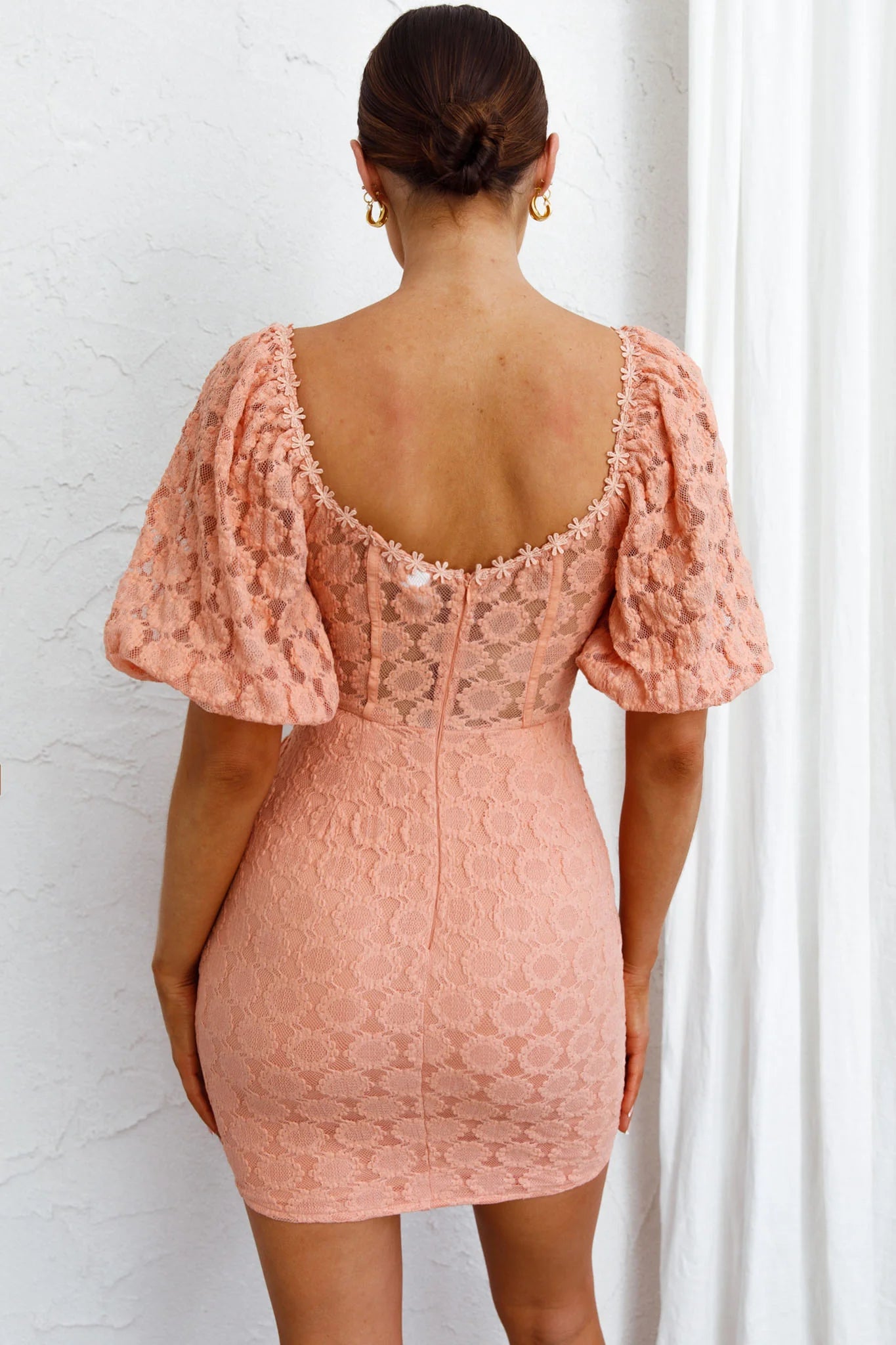 Secret Crush Puff Sleeve Floral Lace Bodycon Dress Peach