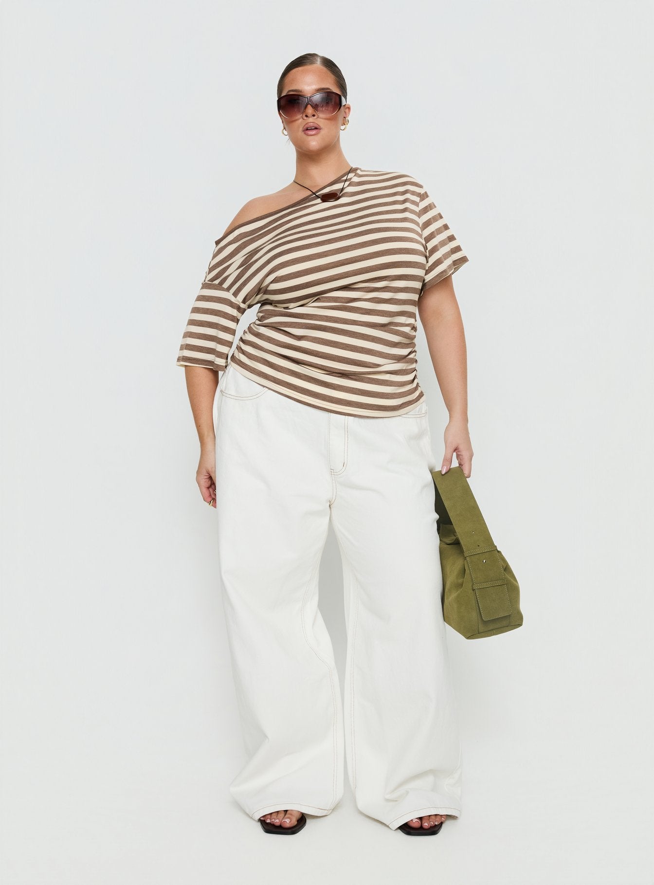 Emlynn Off Shoulder Top Brown Stripe Curve