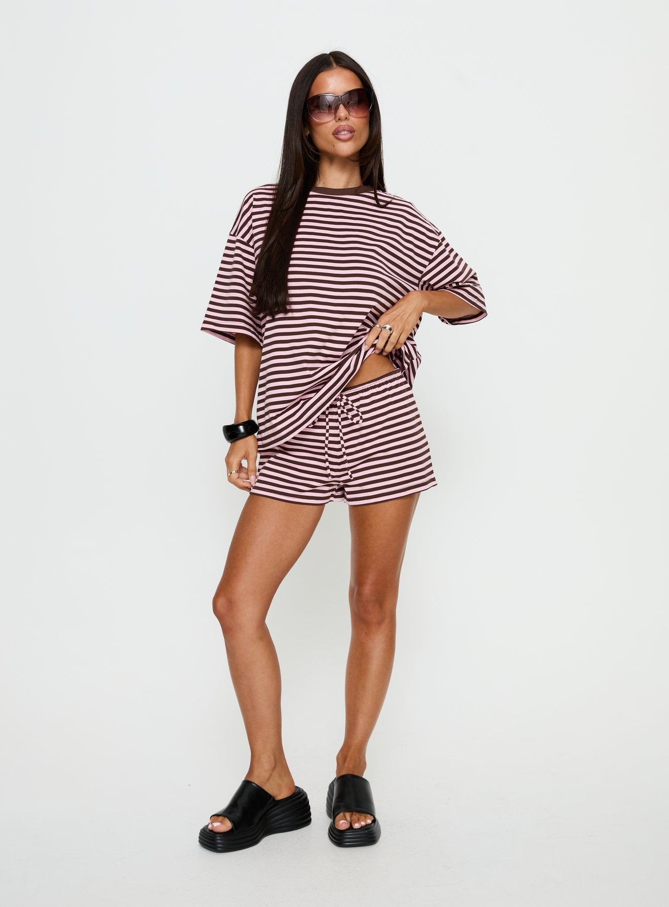 Settle Down Tie Shorts Pink / Brown Stripe