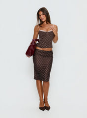 Somani Satin Midi Skirt Brown / Pink Polka Dot