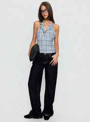 Lure Button Up Sleeveless Top Baby Blue Plaid