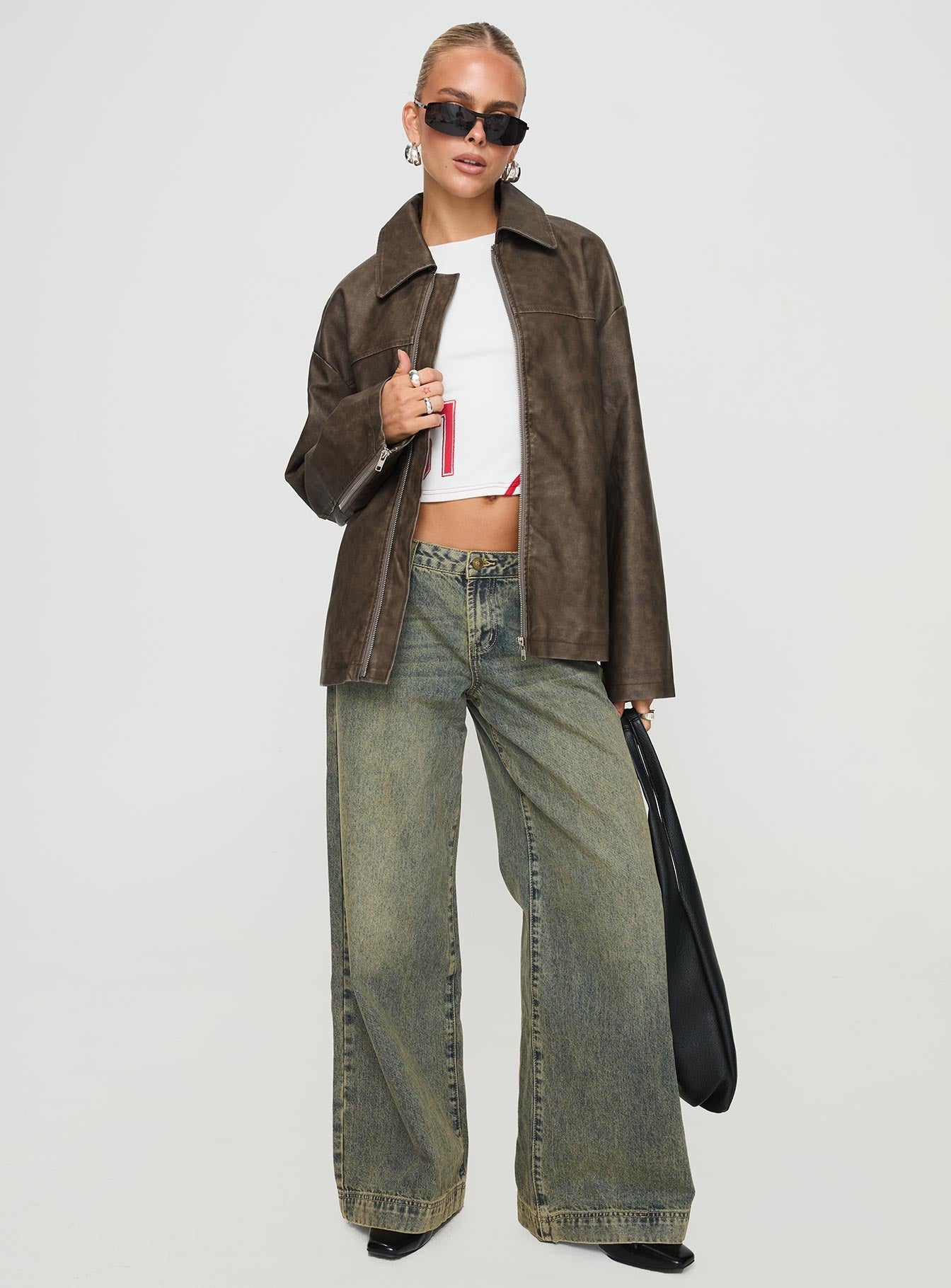 Faux Leather Collared Dad Jacket Washed Brown