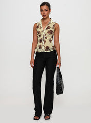 Present Tense Sheer Ruched Top Yellow Floral