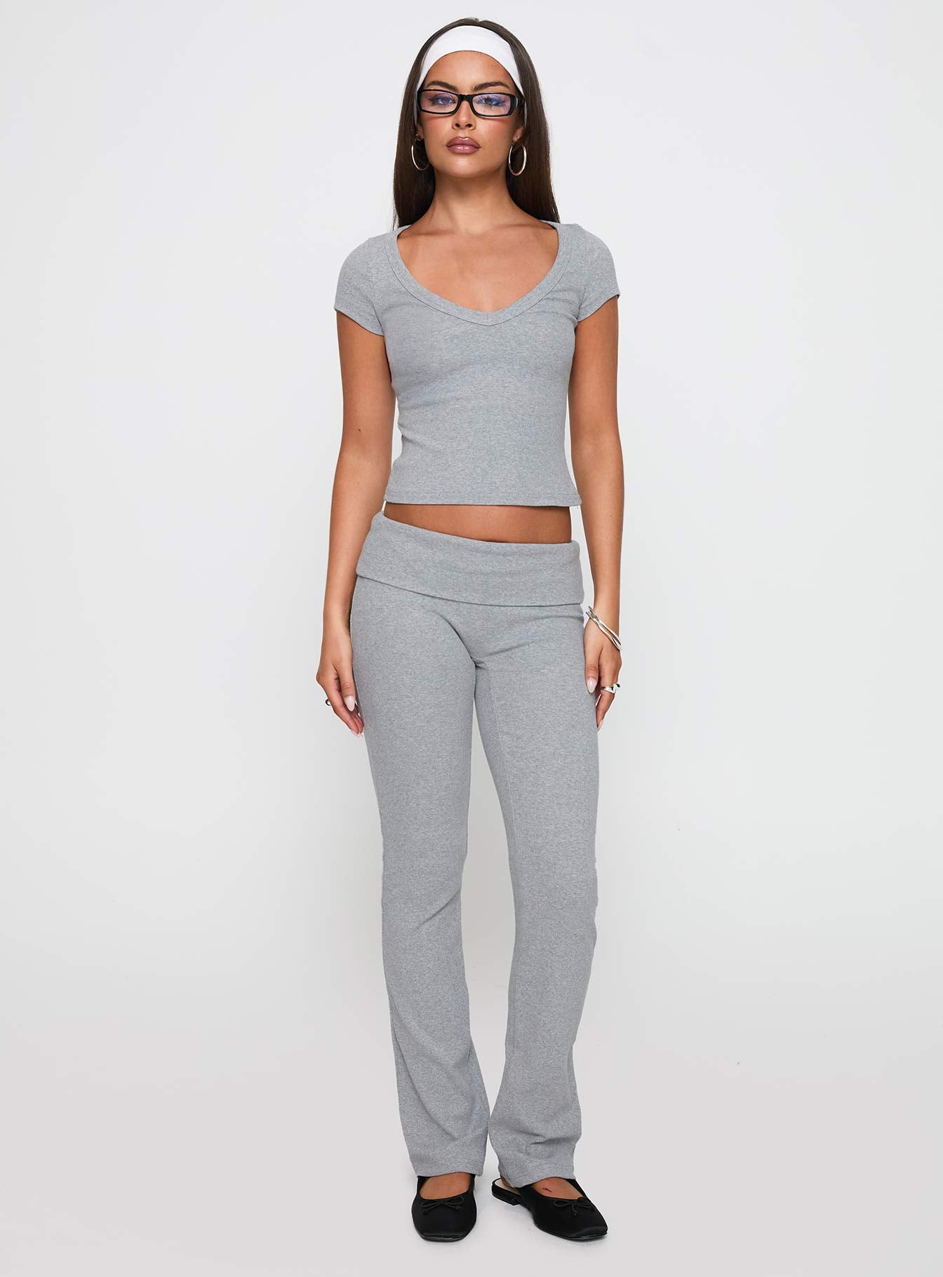Lovely Day V Neck Top Grey Marle