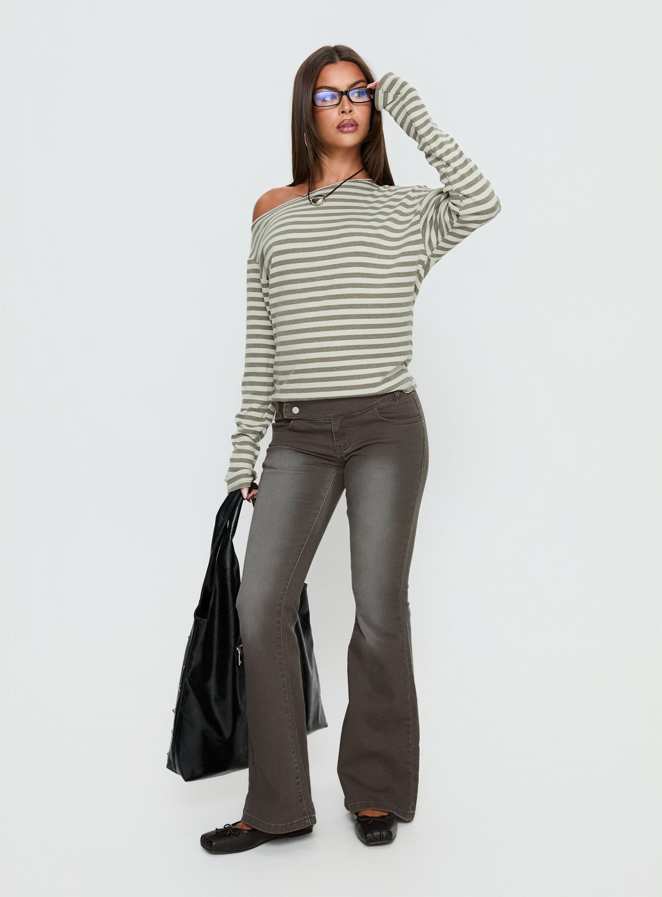Lenorah Off Shoulder Long Sleeve Top Grey Stripe