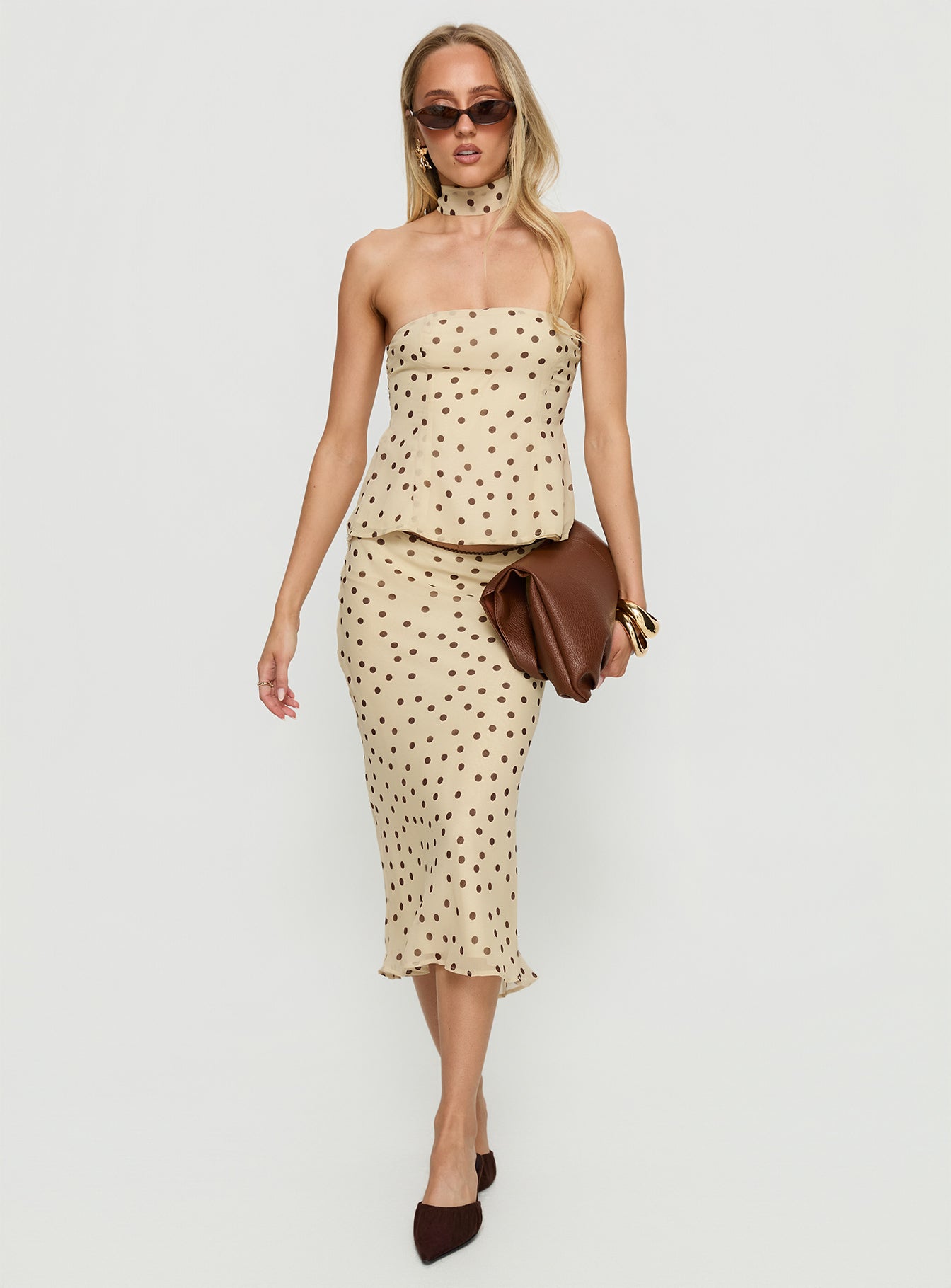 Sydni Scarf Detail Strapless Top Yellow / Chocolate Polka Dot