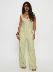 With Pleasure Puff Sleeve Linen Blouse Top Green / Blue Stripe