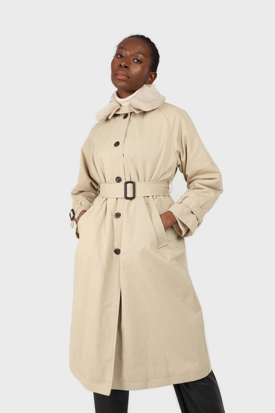 Light beige faux fur collar lined trench coat