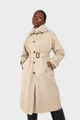 Light beige faux fur collar lined trench coat