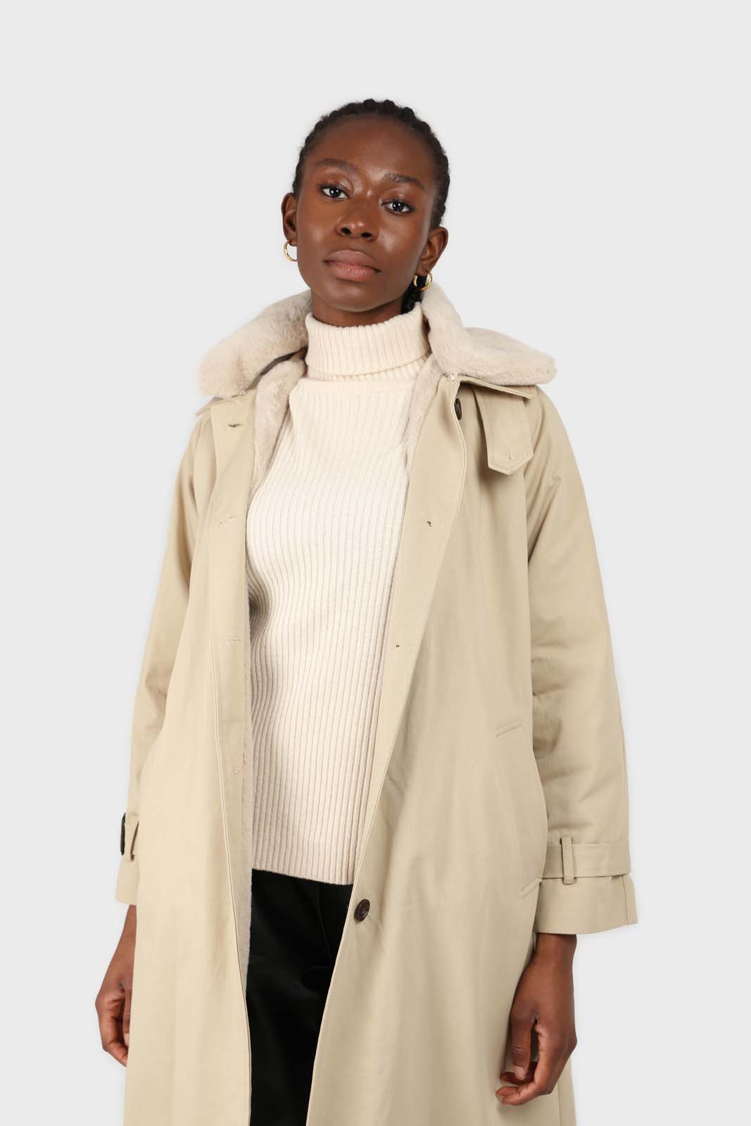 Light beige faux fur collar lined trench coat
