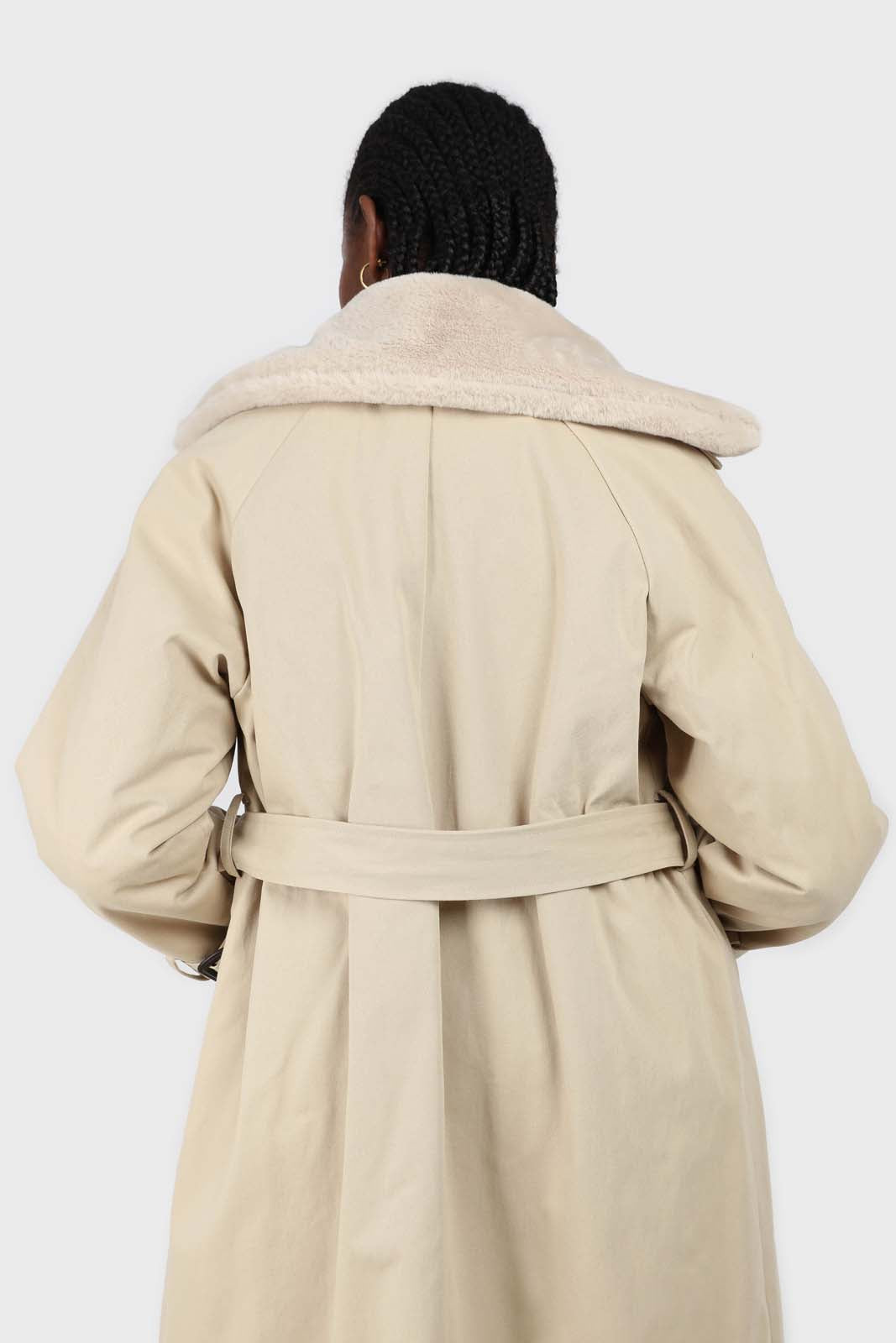 Light beige faux fur collar lined trench coat