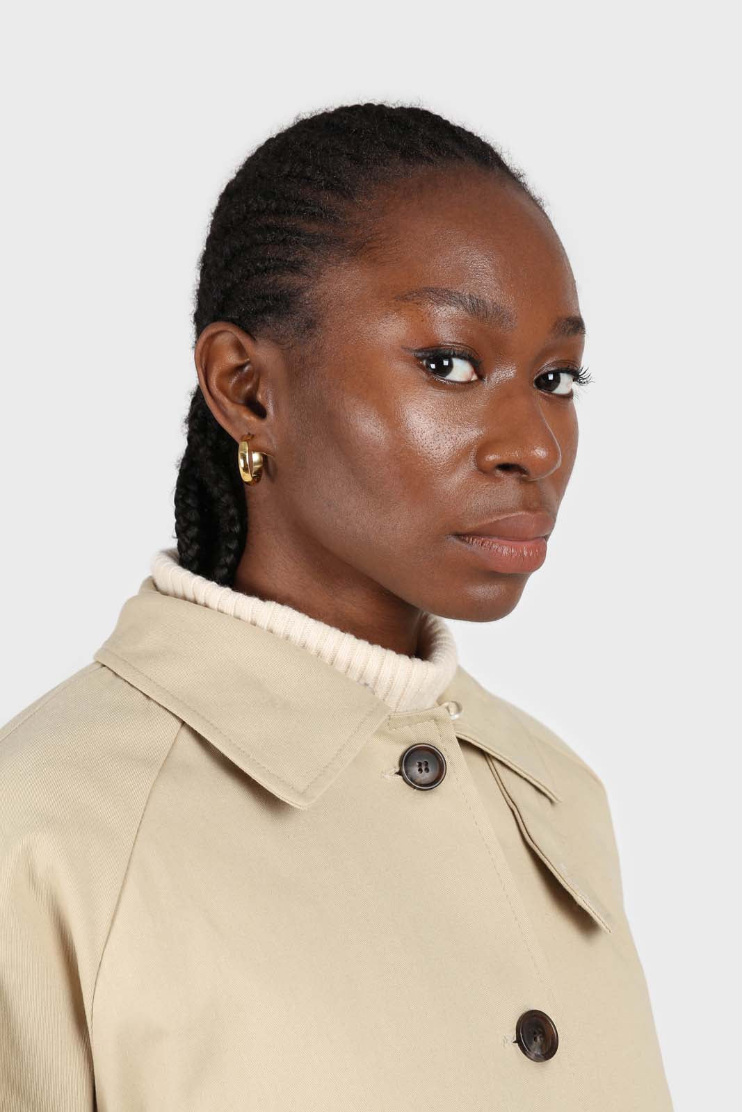 Light beige faux fur collar lined trench coat