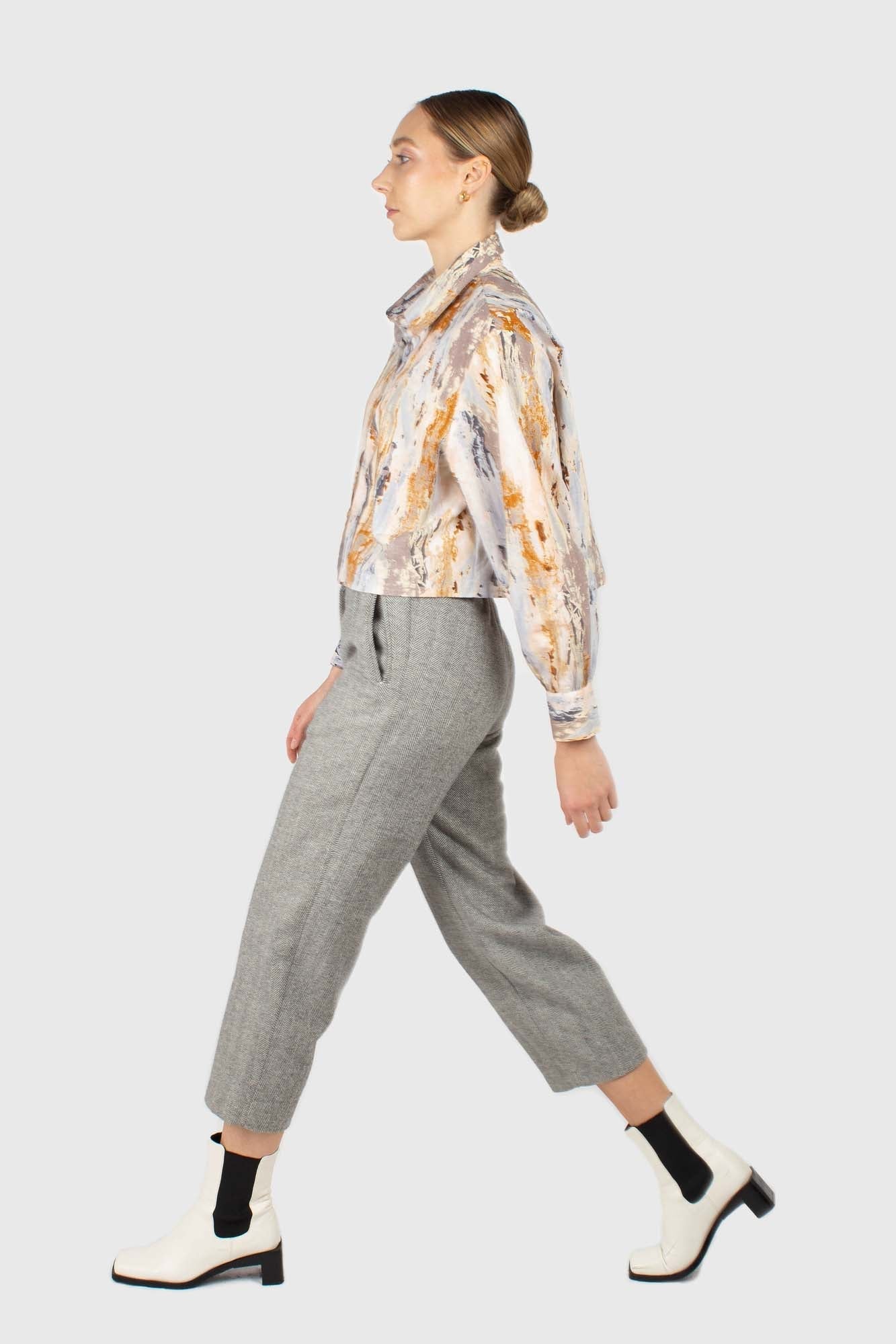 Grey herringbone belted wool trousers