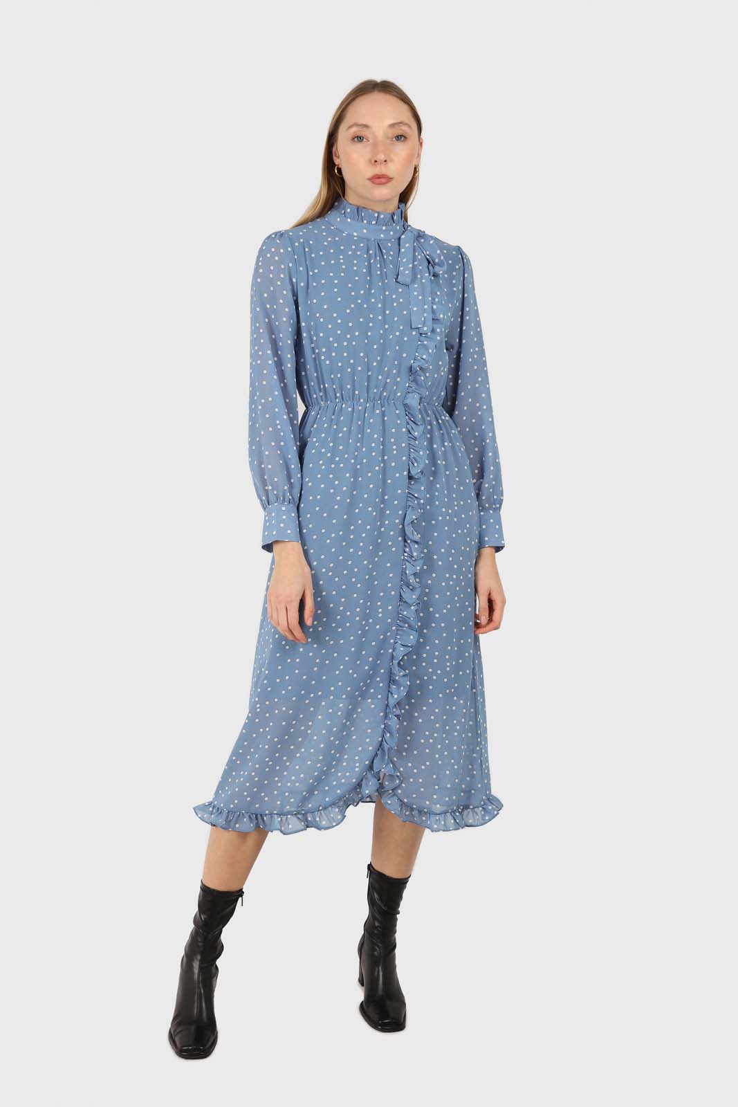 Pale blue and white polka dot ruffle trim maxi dress