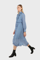Pale blue and white polka dot ruffle trim maxi dress