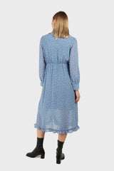 Pale blue and white polka dot ruffle trim maxi dress