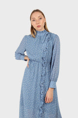 Pale blue and white polka dot ruffle trim maxi dress