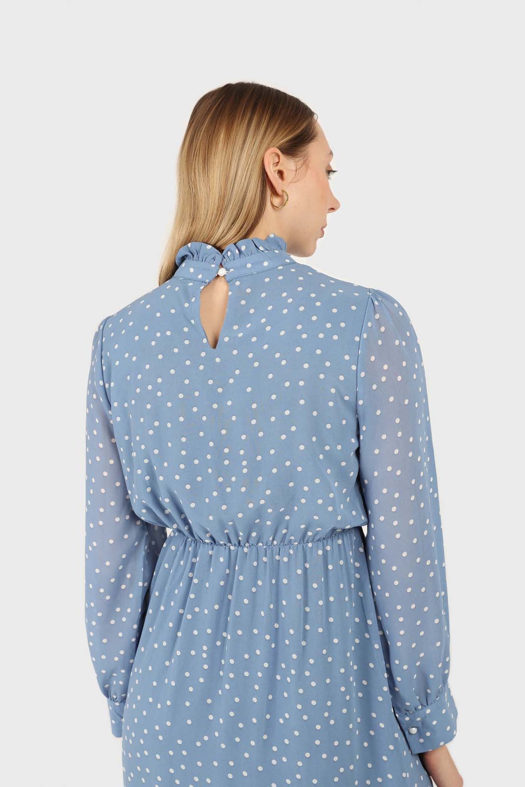 Pale blue and white polka dot ruffle trim maxi dress