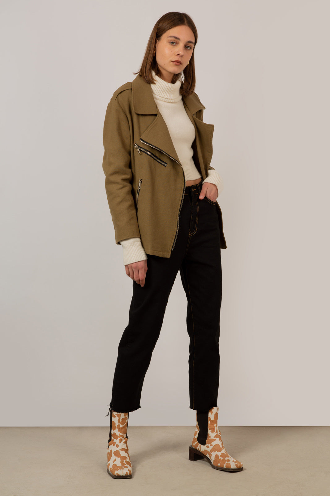 Khaki oversized belted rider jacket