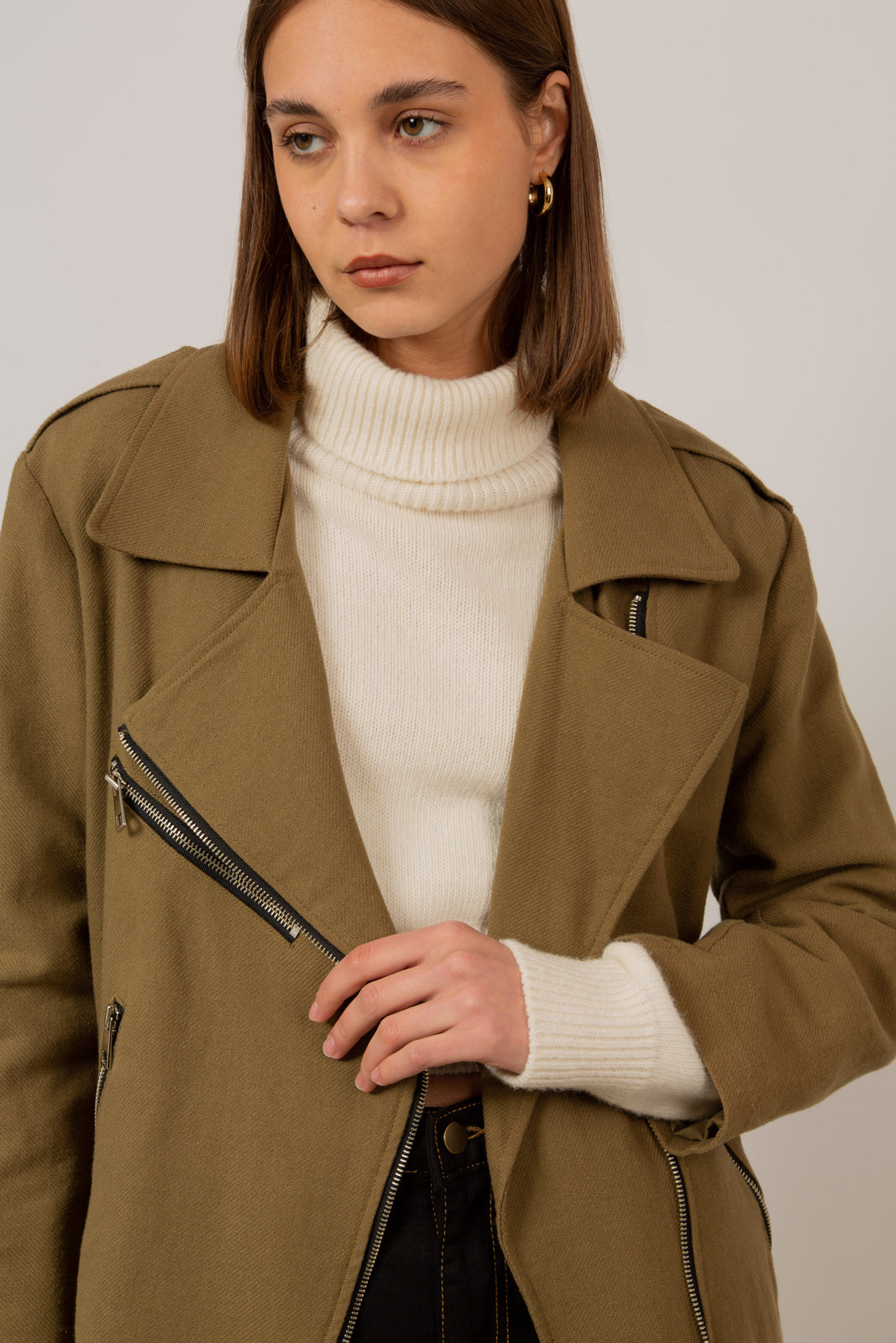 Khaki oversized belted rider jacket