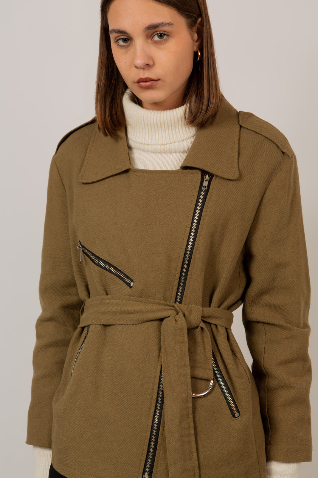 Khaki oversized belted rider jacket