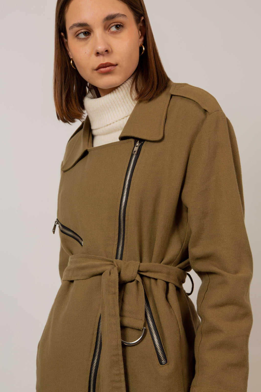 Khaki oversized belted rider jacket