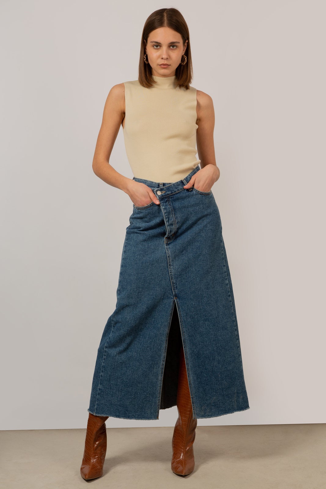 Mid blue denim front slit maxi skirt
