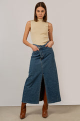 Mid blue denim front slit maxi skirt
