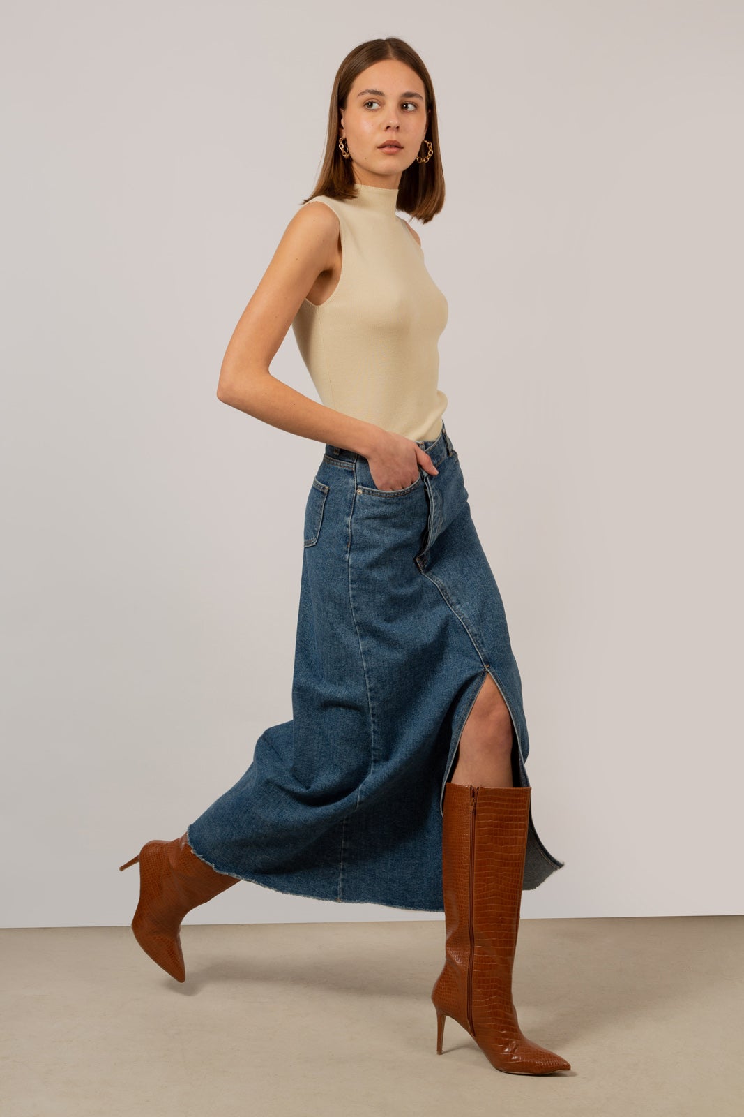 Mid blue denim front slit maxi skirt