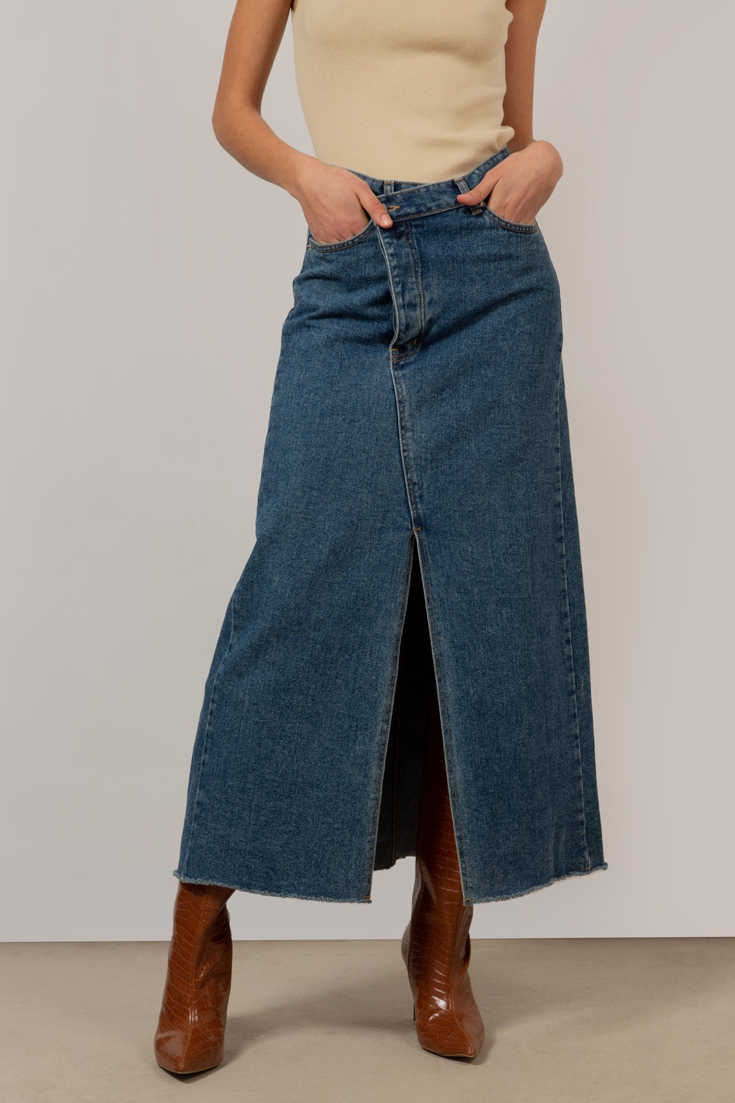 Mid blue denim front slit maxi skirt