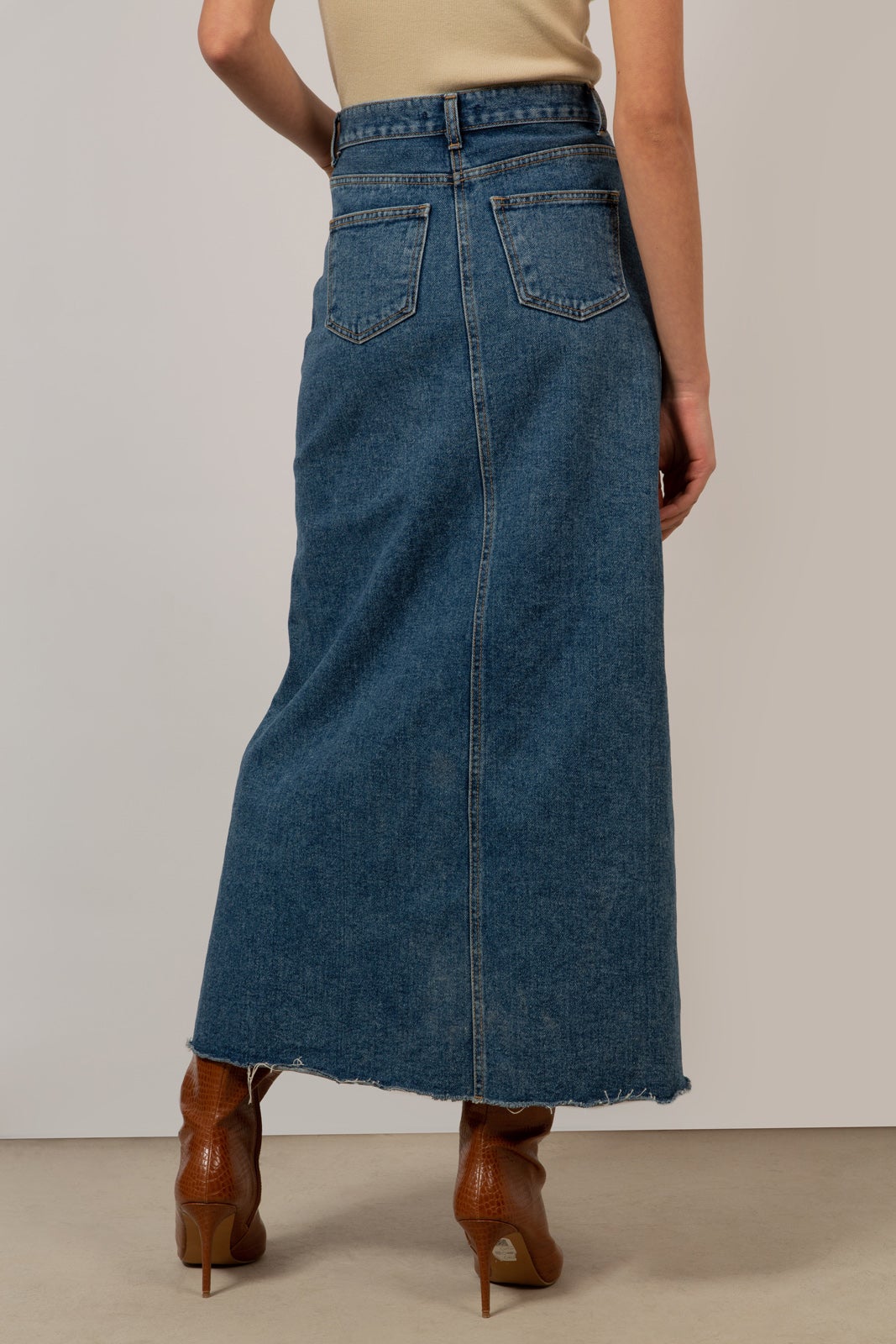 Mid blue denim front slit maxi skirt