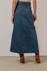 Mid blue denim front slit maxi skirt