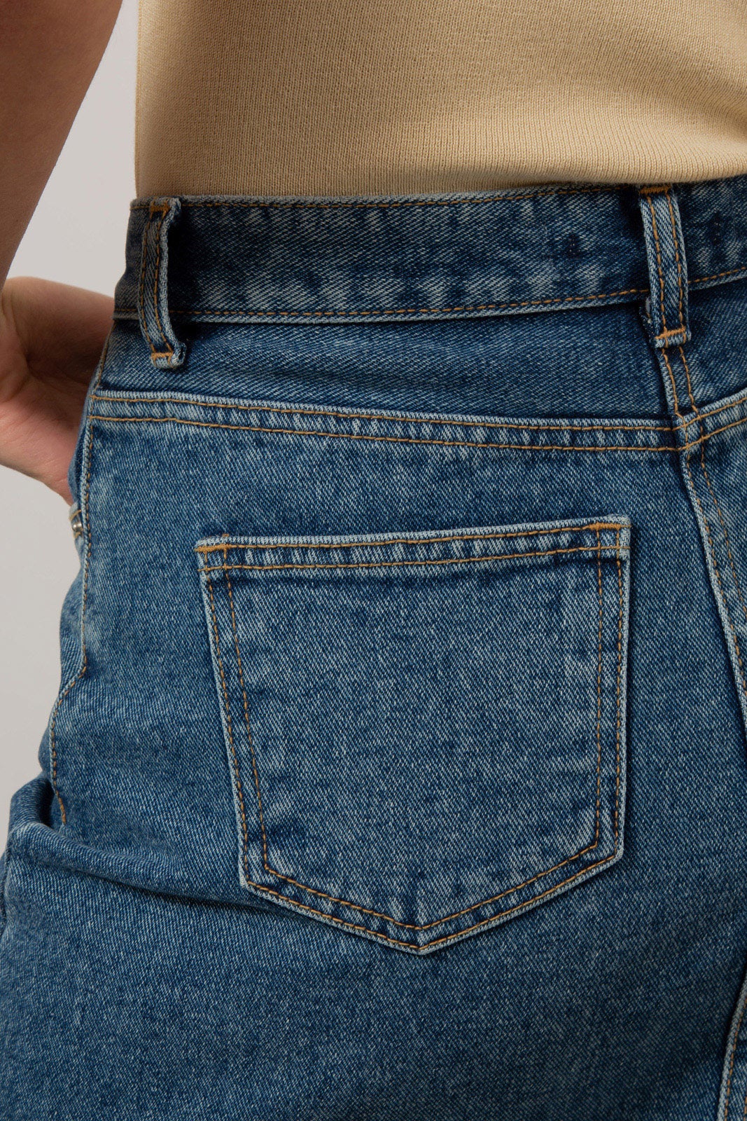 Mid blue denim front slit maxi skirt