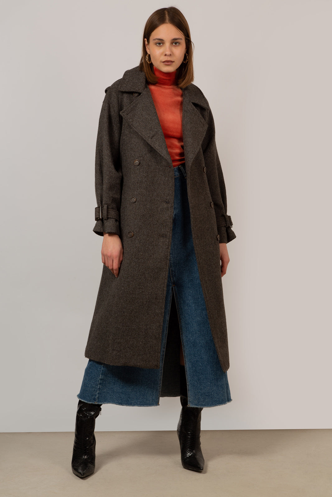 Brown wool blend double breasted belted coat