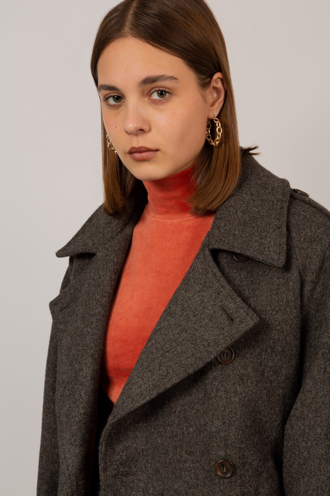 Brown wool blend double breasted belted coat