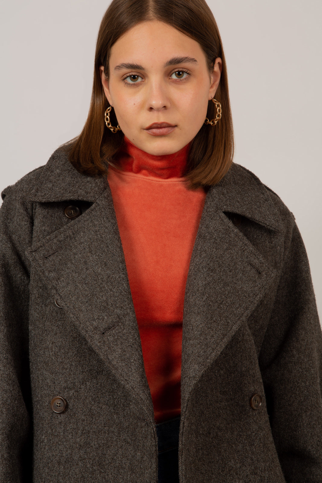 Brown wool blend double breasted belted coat