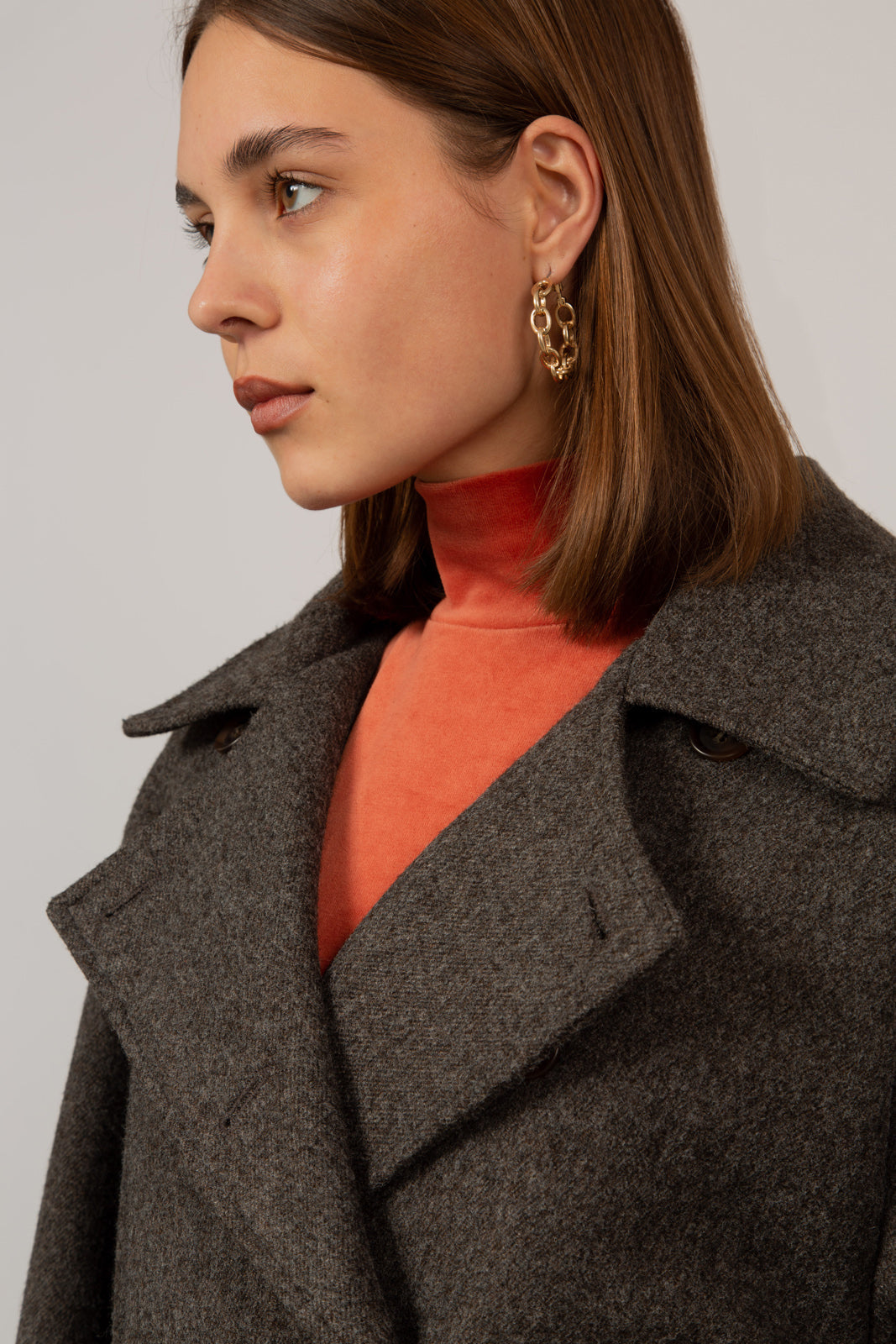 Brown wool blend double breasted belted coat