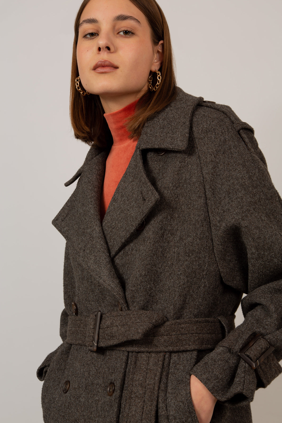 Brown wool blend double breasted belted coat