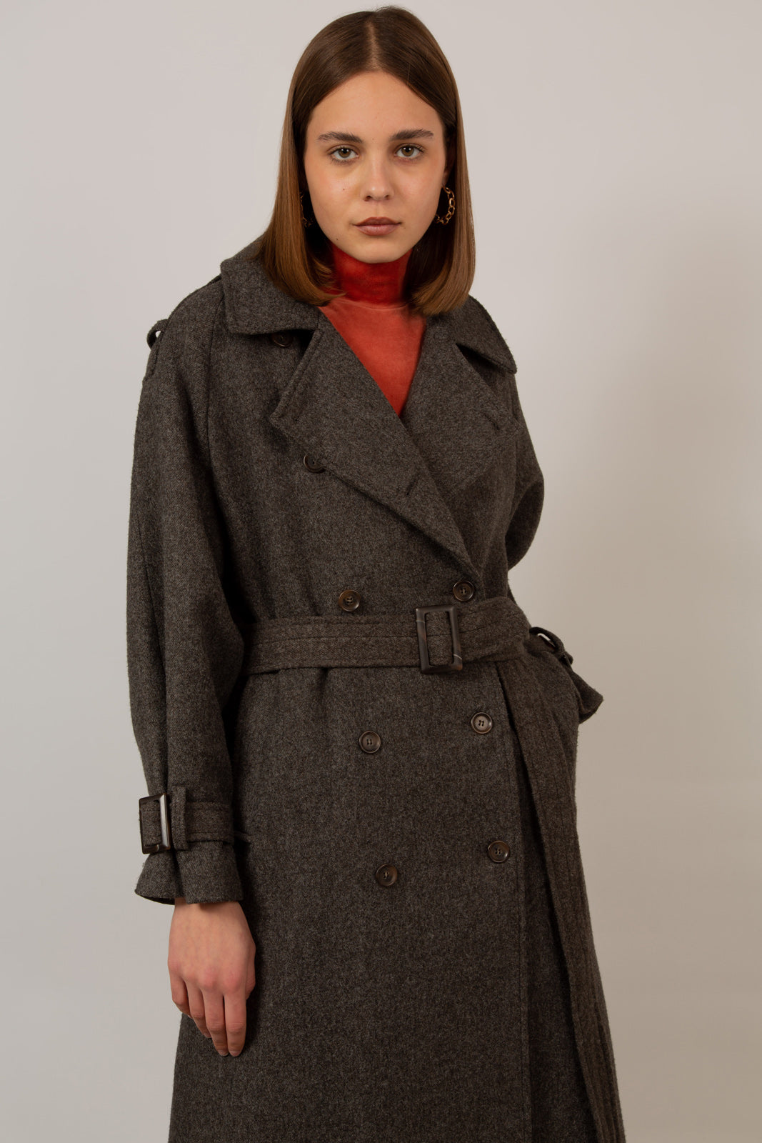 Brown wool blend double breasted belted coat